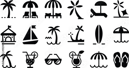 Collection of black beach icons including palm trees umbrellas and summer symbols on white background for travel and vacation themes