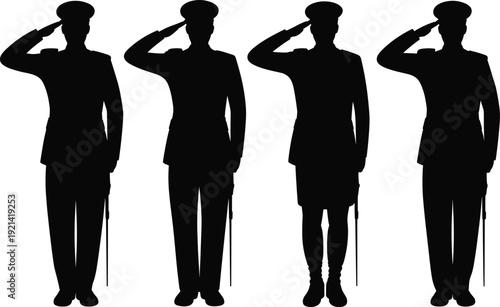 Military officer saluting silhouette set, uniformed army soldiers standing at attention isolated on white background vector illustration