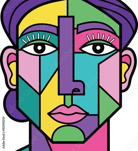 PrintA vibrant and colorful illustration of a woman's face in a cubist style silhouette