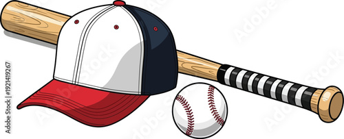 PrintA baseball cap, bat, and ball sit together on a white background in silhouette mode