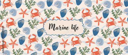 Marine life background, summer landscape postcard, ocean banner, cover