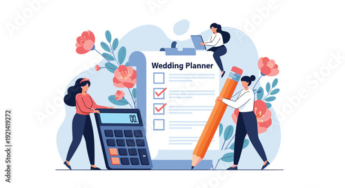 Professional wedding planners use a large checklist and calculator to organize a budget and schedule for a romantic floral celebration.