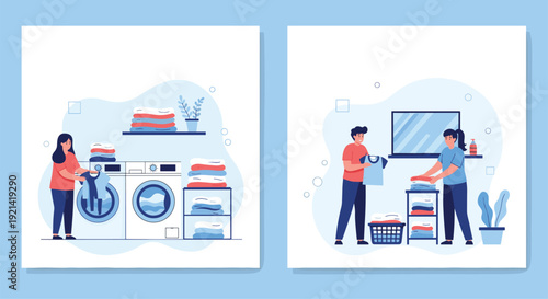 People engage in laundry tasks by using washing machines and folding clean clothes to keep their home organized and fresh.