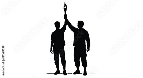 Two men raising a torch in a dramatic black silhouette