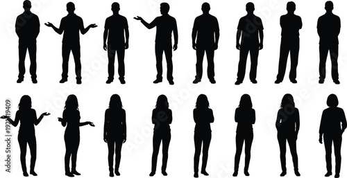 Collection, of, black, silhouettes, featuring, diverse, men, and, women, in, various, standing, poses, including, presenting, crossing, arms, and, neutral, gestures.