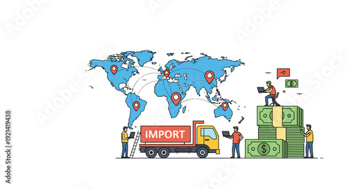 Logistics team coordinates the import of goods using a world map and cargo truck while managing financial transactions with large stacks of cash.