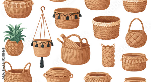 Seamless pattern features a variety of handcrafted wicker baskets in different shapes and styles for home storage and interior decoration.