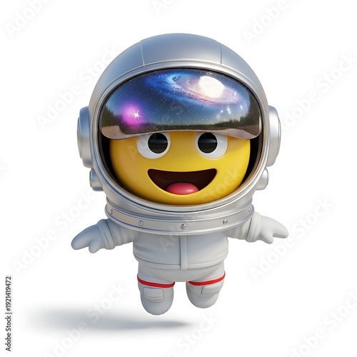 Cheerful yellow emoji character wears a detailed astronaut spacesuit while floating in an open pose toward the viewer.