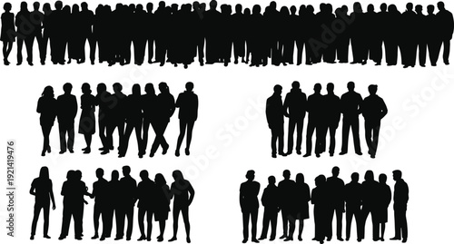 Large diverse crowd and business team silhouettes collection, corporate people groups isolated on white background unity concept