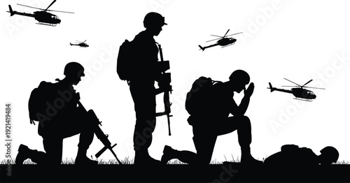 Military silhouettes with soldiers and helicopters, battlefield reflection, mourning scene, war tribute, army illustration, combat memorial, solemn vector art