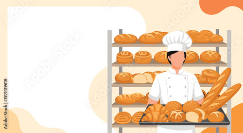 Cheerful baker holds a tray of fresh bread and croissants in front of a shelf filled with various golden baked goods in a warm bakery shop.