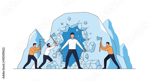 Team of men use axes to break through a giant wall of ice to reach a person trapped behind it to symbolize overcoming massive challenges.