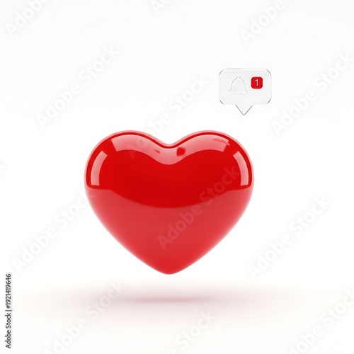 Shiny, reflective red heart shape hovers above a white background accompanied by a small notification badge indicating one new message.