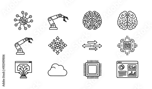 Black Outline Vector Icons Set of Artificial Intelligence and Machine Learning Concepts
