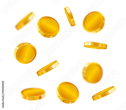 Realistic gold coin. Explosion of gold coins. Floating 3d gold coins finance and wealth concept. Coins burst and explode wealth, jackpot, treasure, and finance