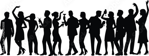 Party celebration silhouette illustration with people socializing, festive gathering vector, nightlife dance concept, group drinking design, event celebration artwork