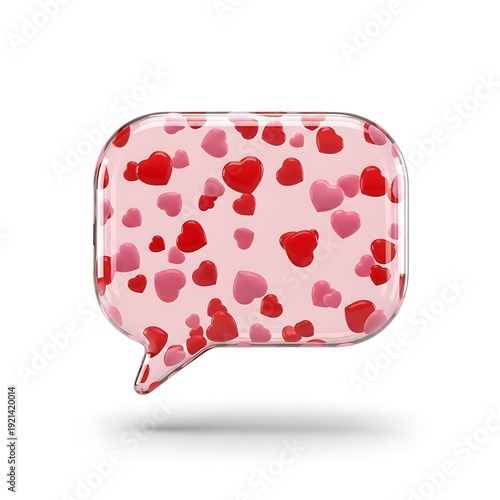 Speech bubble filled with numerous pink and red hearts represents loving communication, romantic messages, social media interaction, and emotional expression.