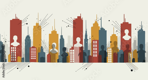 Vibrant cityscape with diverse skyscrapers and silhouetted people in urban setting with modern architecture