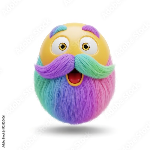 A whimsical emoji character with wide eyes sports a vibrant, multi-colored beard and mustache against a clean white backdrop.