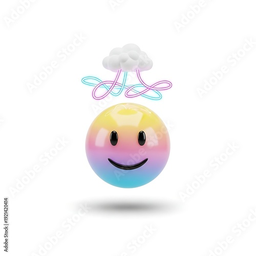A cheerful gradient-colored emoji with a happy face features a small white cloud above its head, symbolizing creative thought or imagination against a white backdrop.