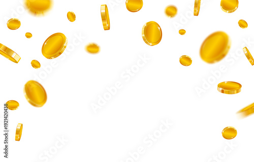 Falling gold coins money rain background. gold coins fall from the sky. Coins burst and explode wealth, jackpot, treasure, and finance concept.
