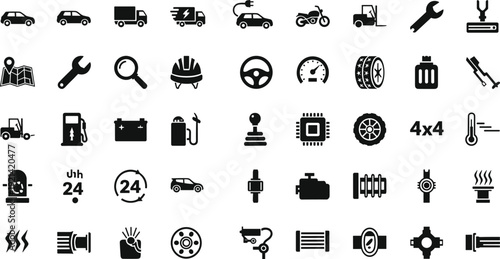Black and white of various automotive and transportation related vehicles