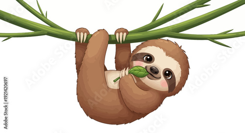Cute Baby Sloth Hanging on Tree Branch Eating Green Leaf, Adorable Wildlife Cartoon Character