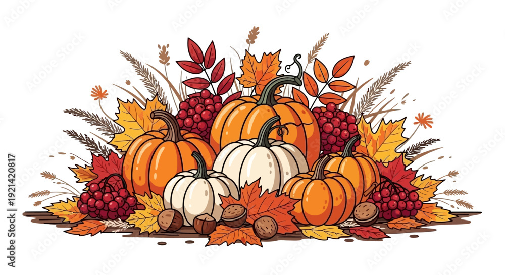 Naklejka premium Autumn Harvest Pumpkins, Berries, Nuts, and Leaves with Wheat Stalks Illustration