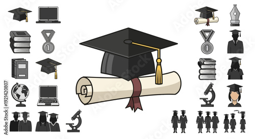 Graduation Celebration Icons: Caps, Diplomas, Books, Medals, and More Educational Symbols