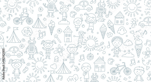 Playful Seamless Pattern of Children's Drawings: Robots, Cars, Tents, and Sun