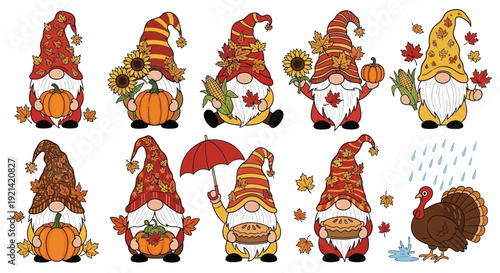 Autumn Harvest Gnomes Collection: Thanksgiving Turkey, Pumpkins, and Fall Leaves