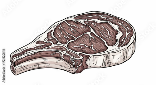 Raw Ribeye Steak Illustration with Marbling, Bone-In Cut, Isolated on White