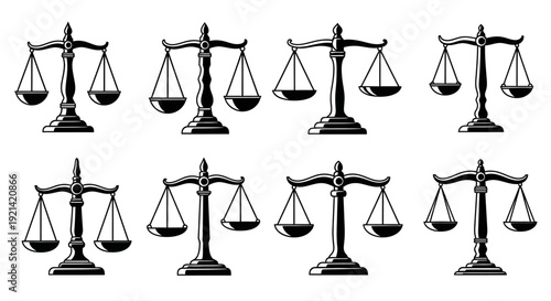Set of Eight Black and White Balance Scale Illustrations on White Background