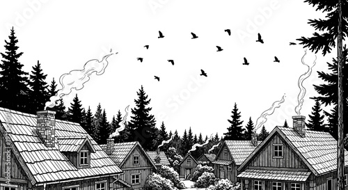 Cozy Village Scene with Smoking Chimneys and Birds Flying Overhead
