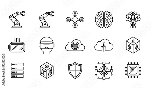 Black Outline Artificial Intelligence and Future Technology Vector Icons Set