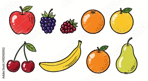 Collection of Colorful Hand-Drawn Fruits and Berries on White Background