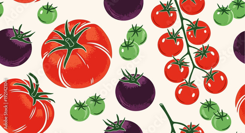 Vibrant Tomato Pattern: Fresh Red, Green, and Purple Tomatoes Seamless Design