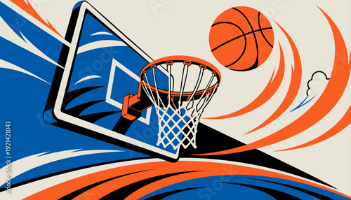 Basketball soaring toward the hoop with motion lines and dramatic composition, symbolizing decisive final seconds, focus, determination, and triumphant scoring moment in competitive play.