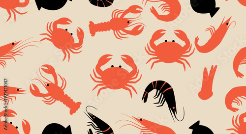 Seamless Pattern of Cartoon Seafood - Crabs, Lobsters, and Shrimps on Beige Background