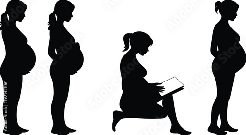 Pregnant woman silhouette collection, expecting mother standing and reading book, maternity concept isolated on white background vector illustration