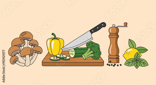 Fresh Ingredients Ready for Cooking: Vegetables, Herbs, and Spices