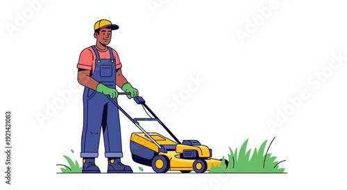 Gardener in Overalls Mowing Lawn with Yellow Lawnmower on Sunny Day