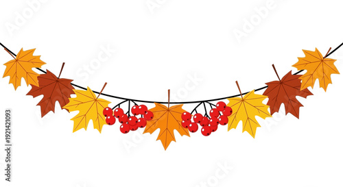 Autumn Garland of Maple Leaves and Berries, Decorative Fall Season String