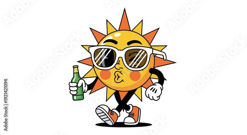 Cool Cartoon Sun Character with Sunglasses Holding a Drink, Winking and Walking