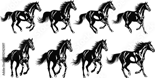 Collection, of, black, horse, silhouettes, featuring, wild, stallions, running, galloping, and, jumping, for, equestrian, sports, nature, freedom, and, farm, designs.