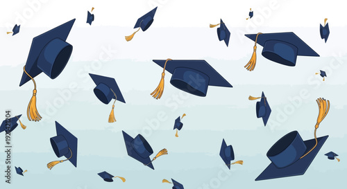 Graduation Caps Flying in the Air with Tassels During a Celebration Event