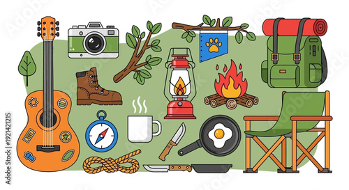 Adventure and Outdoor Camping Gear Collection - Flat Vector Illustration