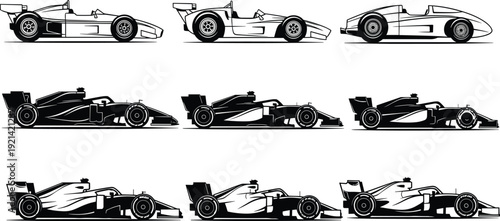 Black and white race cars in different positions and side views different speeding sports cars