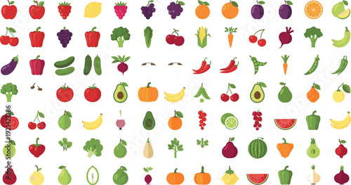 Colorful Fruits and Vegetables Flat Icon Set – Cartoon Food Vector Collection