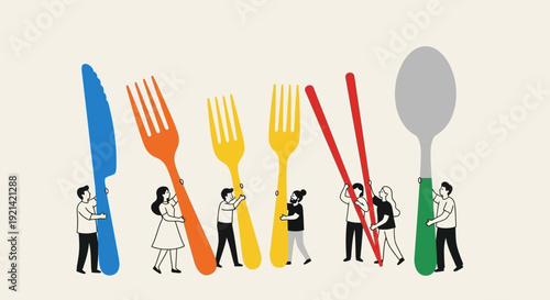 Diverse People Collaborating to Hold Large Colorful Eating Utensils for Food Service